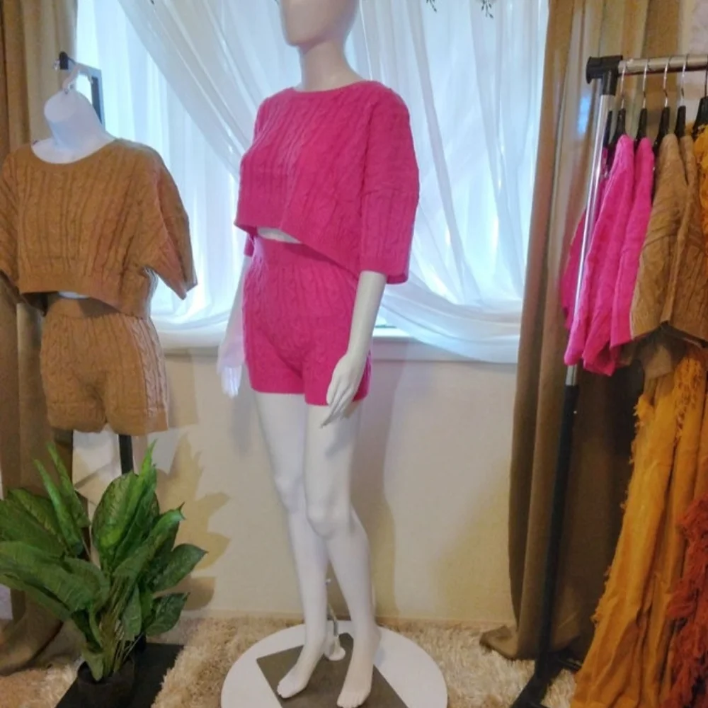 Fuchsia- 2pc Knit Shorts Set - Picture 2 of 11